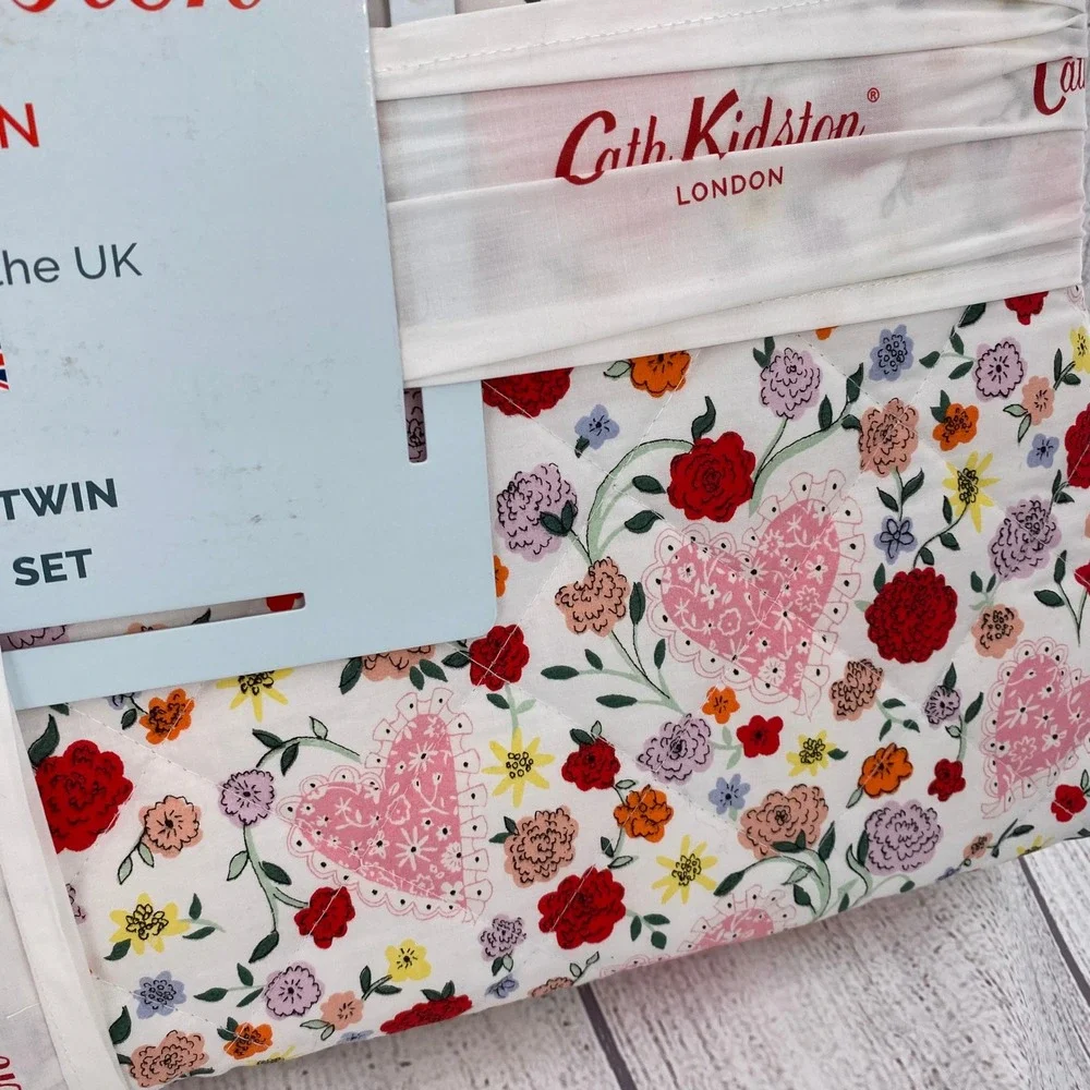 Cath Kidston Floral Heart Quilt Set Twin Pink Cotton Percale Bedding Cottagecore